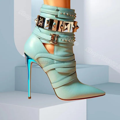 Blue Rivet Decor Short Boots Pointed Toe Matte Leather Side Zipper Stylish Women Party Casual Boots 2025 Zapatos Para Mujere