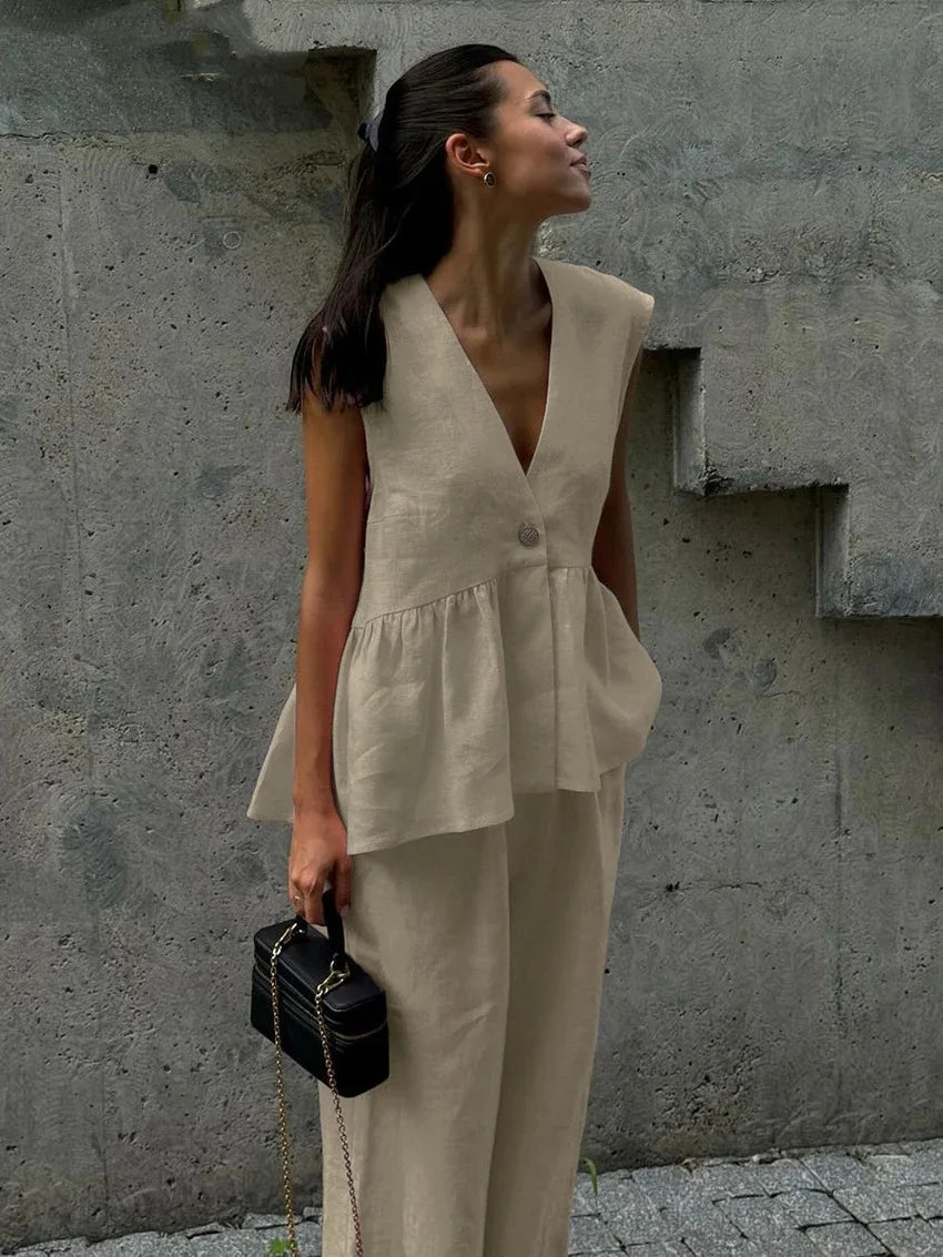 2 Pieces Women Sets 2026 Cotton V-Neck Sleeveless Top Vest + Long Pants New Solid Color Two-Piece Sets Women's Clothing
