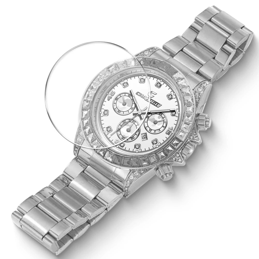 CHAXIGO 300 Diamond Studded Multi Functional Men's Quartz Watch Business Timing Steel Belt Light Luxury Calendar Watches for Man