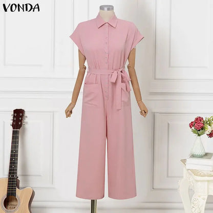 Plus Size VONDA Summer Vacation Style Jumpsuits Women Elegant Solid Color Long Overalls Short Sleeve Elegant Belts Playuits
