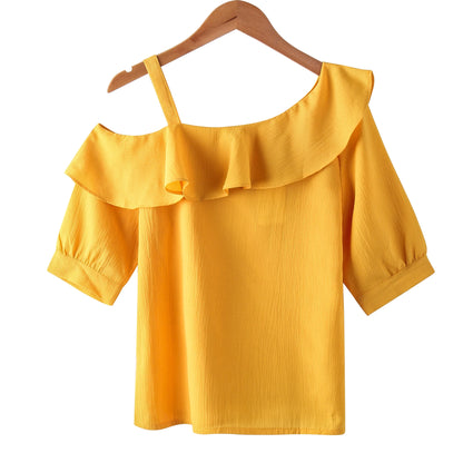 Women's Shirt Tops One-Shoulder Ruffles Short-sleeved Chiffon Blouse