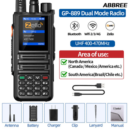 ABBREE GP-889 Walkie Talkie Dual Mode POC Network Radio ZELLO Global UHF Bluetooth WIFI Android 2/3/4G Type-C Ham Radio Hunting