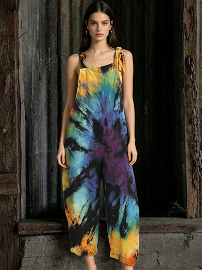 Summer Bohemian Floral White Daisy Print Baggy Jumpsuits Ladies Soft Cotton Linen Tie Strap Wide Leg Overalls Casual Daily Wear
