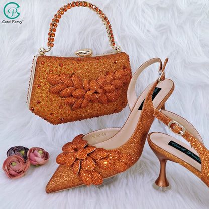Nigerian Banquet Shoes and Bags African Fashion Peach Ladies Matching Shoes and Bags Pointed Toe High Heels Wedding Party