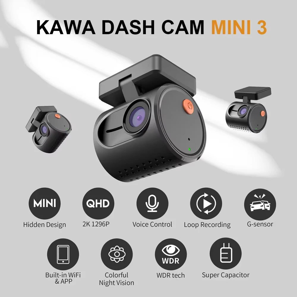 KAWA Dash Cam MINI 3 Voice Control Tiny 2K 1296P Colorful Night Vision 24H Parking Guard WIFI, G-sensor, Supercapacitor,Car DVR