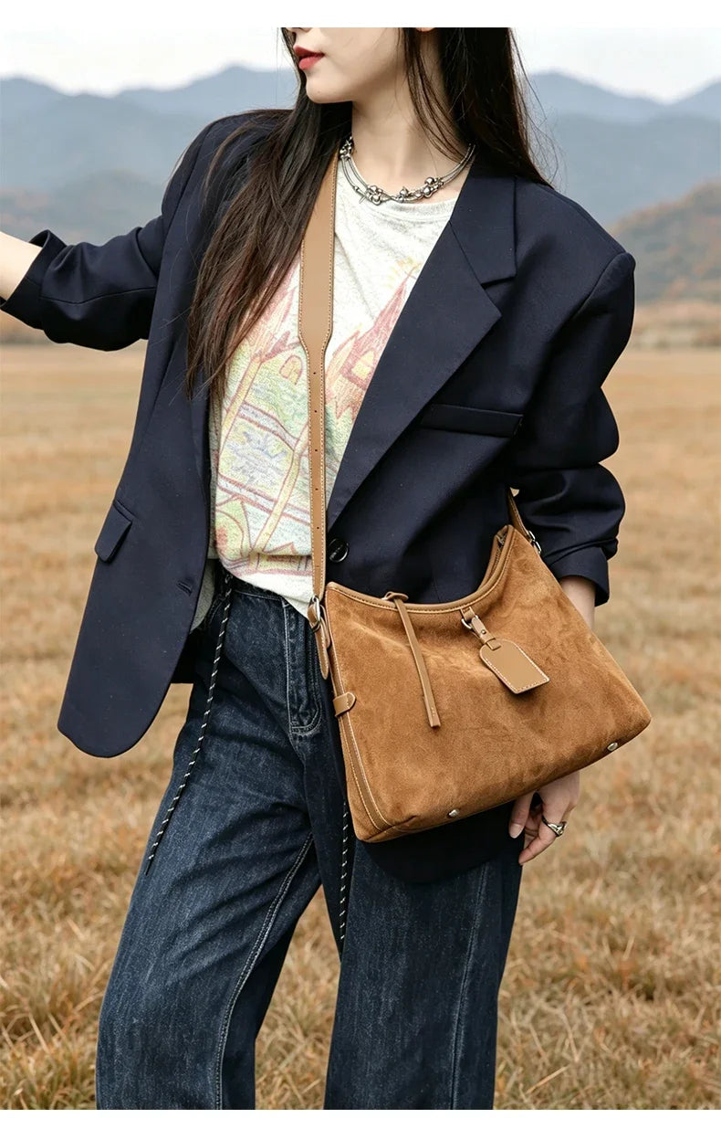 Winter Women's Natural Suede Leather Classic Underarm Bag Female Soft Cowhide Durable Handbags Ladies Luxury Designer Bags
