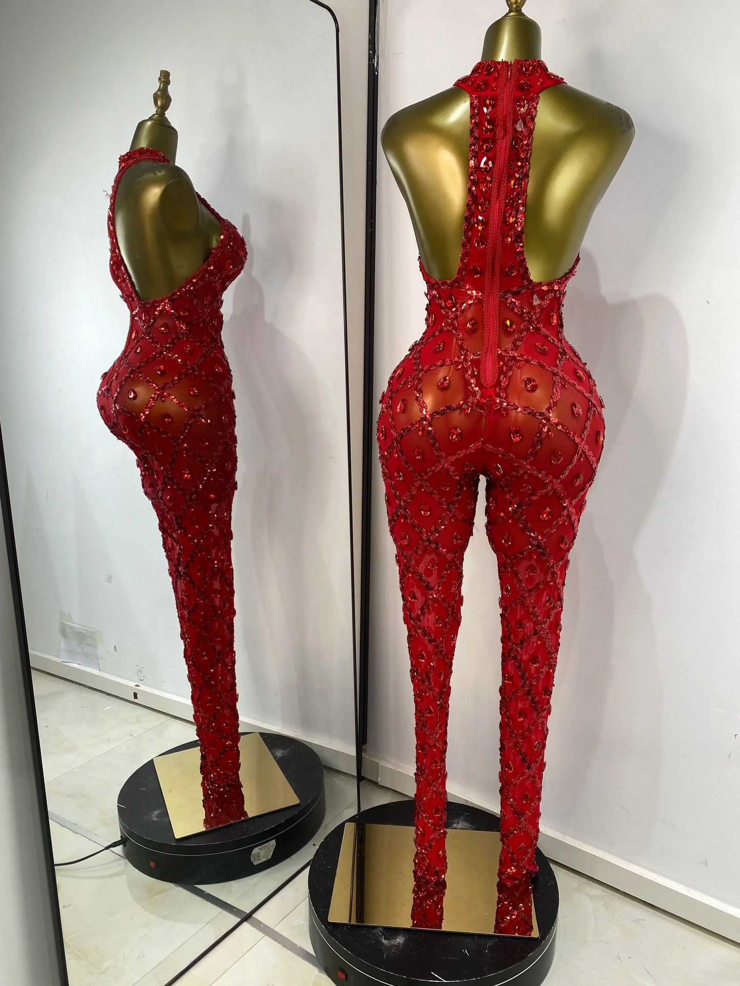 Women Rhinestones Sequines Mesh Bodycon Jumpsuits Sexy Special Occassion Nightclub DJ Dancer Stage Costumes Evening Club Dress
