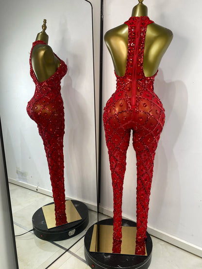 Women Rhinestones Sequines Mesh Bodycon Jumpsuits Sexy Special Occassion Nightclub DJ Dancer Stage Costumes Evening Club Dress