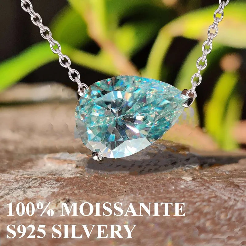 100% MOISSANITE S925 silvery necklace for Women, pear shape cyan blue Moissanite Pendant Necklace 1CT/2CT/3CT
