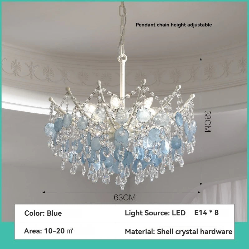 French Luxury LED Pendant Lights Blue White Natural Shell Crystal Chandelier Lamps for Romantic Living Dining Bedroom Home Decor