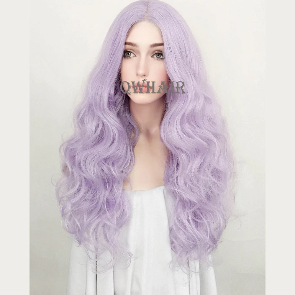 QW Synthetic Hair Pastel Light Purple Wavy Body Wave Soft 13X4 Lace Front Wig For Women Hair Heat Resistant Fiber Cosplay  Daily
