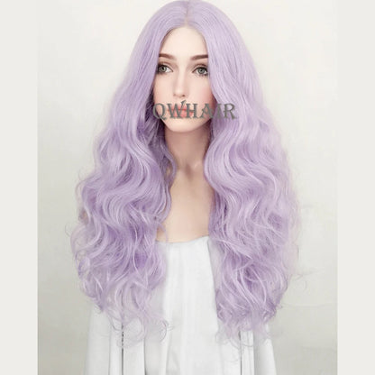 QW Synthetic Hair Pastel Light Purple Wavy Body Wave Soft 13X4 Lace Front Wig For Women Hair Heat Resistant Fiber Cosplay  Daily