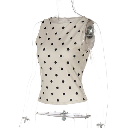 Hugcitar Women'S Fashion Polka Dot Print O Neck Sexy Slim Crop Tank Top Summer Female Clothes Beach Vacation Party Streetwear