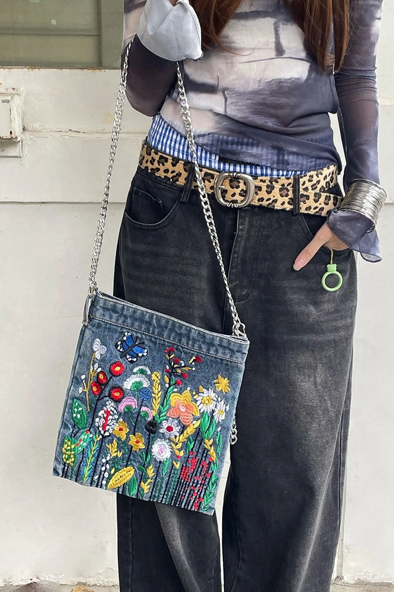Embroidered Flowers Women Cowboy Shoulder Bag Fashion Chain Ladies Messenger Bags Denim Handbag Personality Trend Student Bag