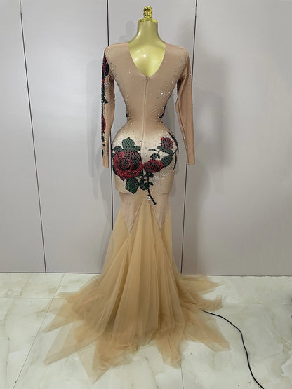 Women Sparkly Diamonds Rose Floral Long Sleeves Floor-Length Dress Eveing Celebrate Birthday Party Nightclub Sexy Stage Costume