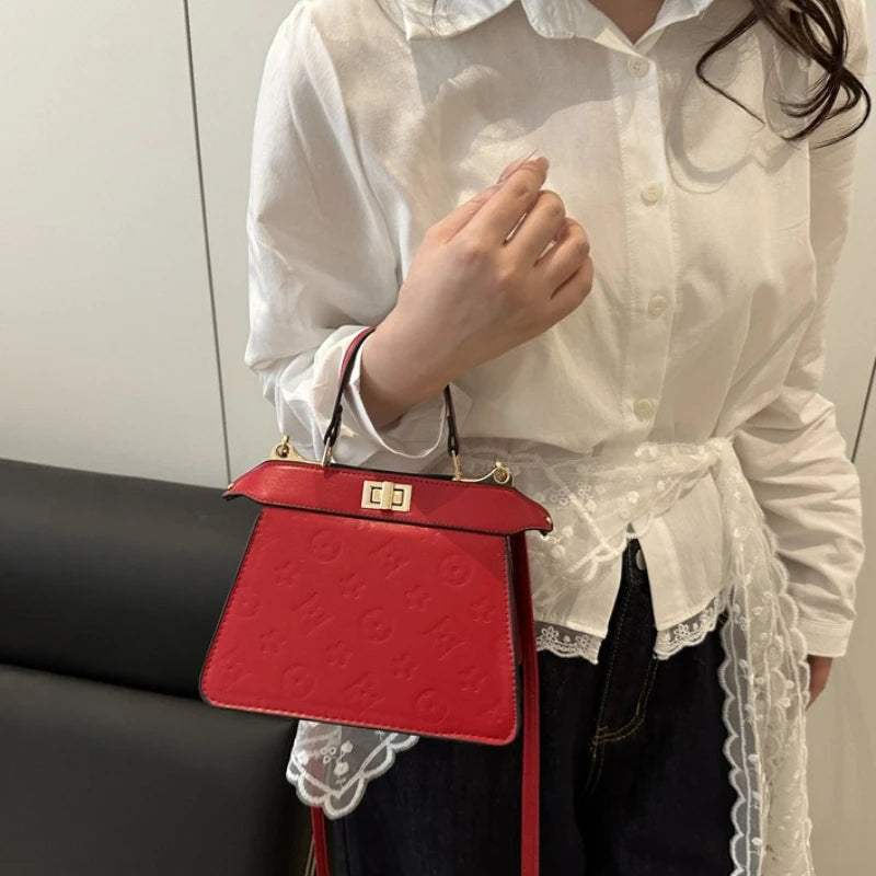 Fashion Embossed Top Handle Bags for Women,Metal Turn Lock Handbag, Adjustable Crossbody Strap,versatile Purse for Daily Outings