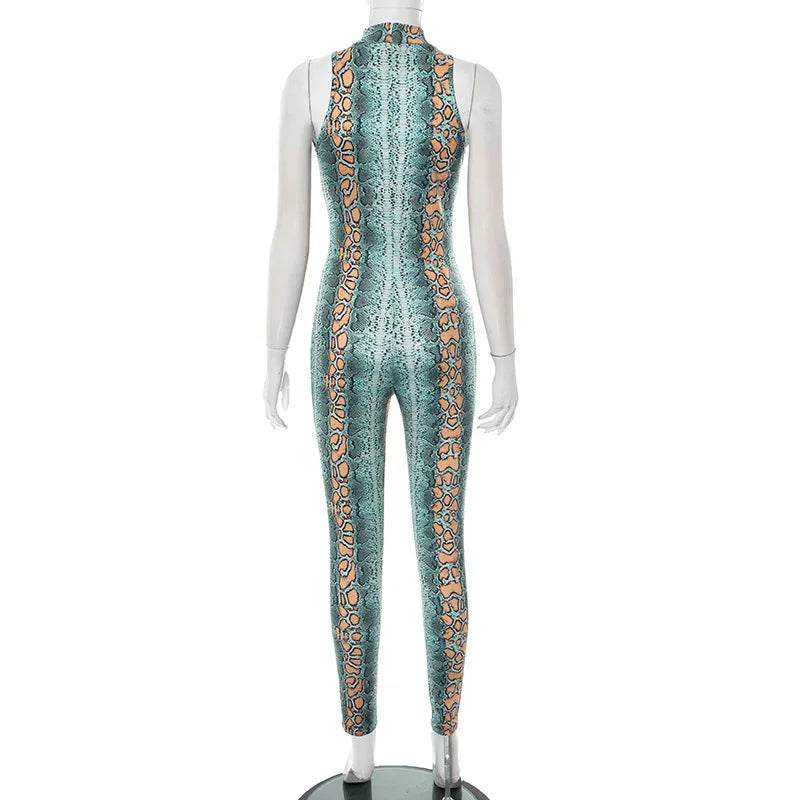 Snake Print Hollow Out Long Jumpsuit Women Summer Sleeveless Bodycon Sexy Romper for Woman