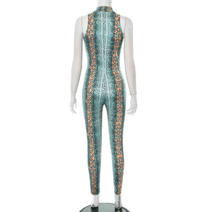 Snake Print Hollow Out Long Jumpsuit Women Summer Sleeveless Bodycon Sexy Romper for Woman