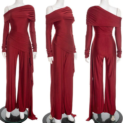 Doyerl Elegant Party Club Outfits Woman Jumpsuits and Rompers Evening Off Shoulder Long Sleeve Ruched One Pieces Overalls Ribbon