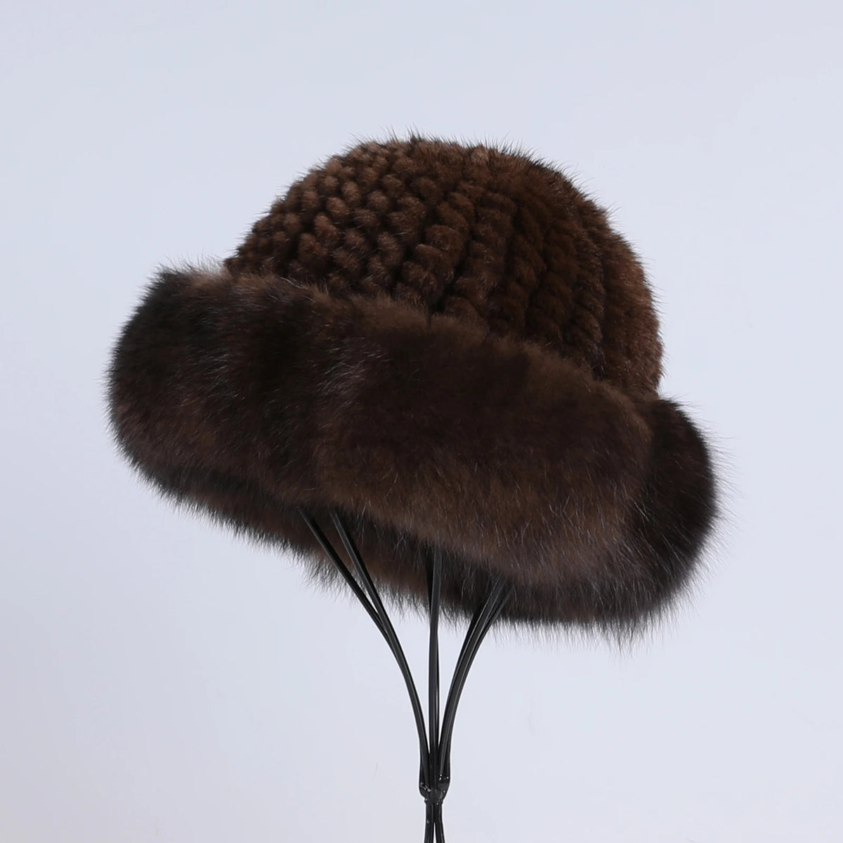 Women's Winter Warm Genuine Premuim Mink Fur Knitted Bucket Hat Furry Real Fur Caps Big Fox Fur Trim Brim Adjustable