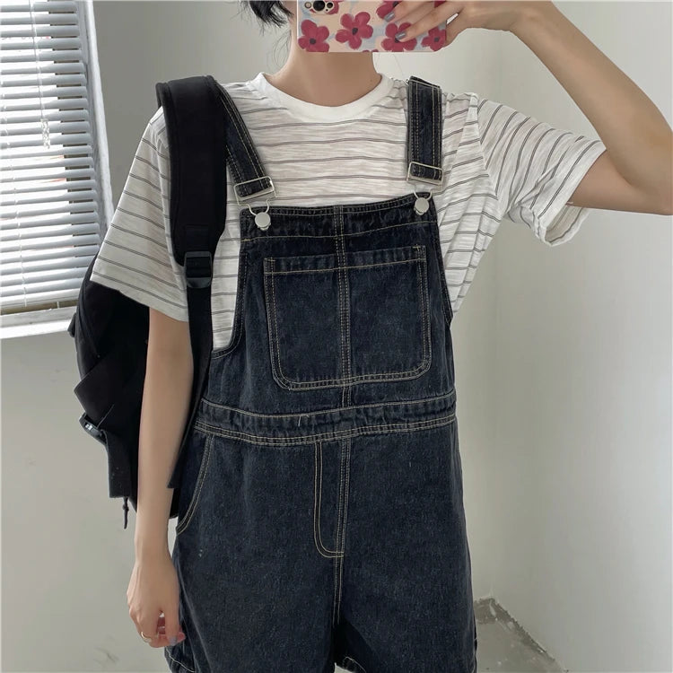 Women's Denim Overalls Short Trousers Wide Leg Loose Fit Thin Jumpsuit Korean Style for Petite Ladies Casual Clothing