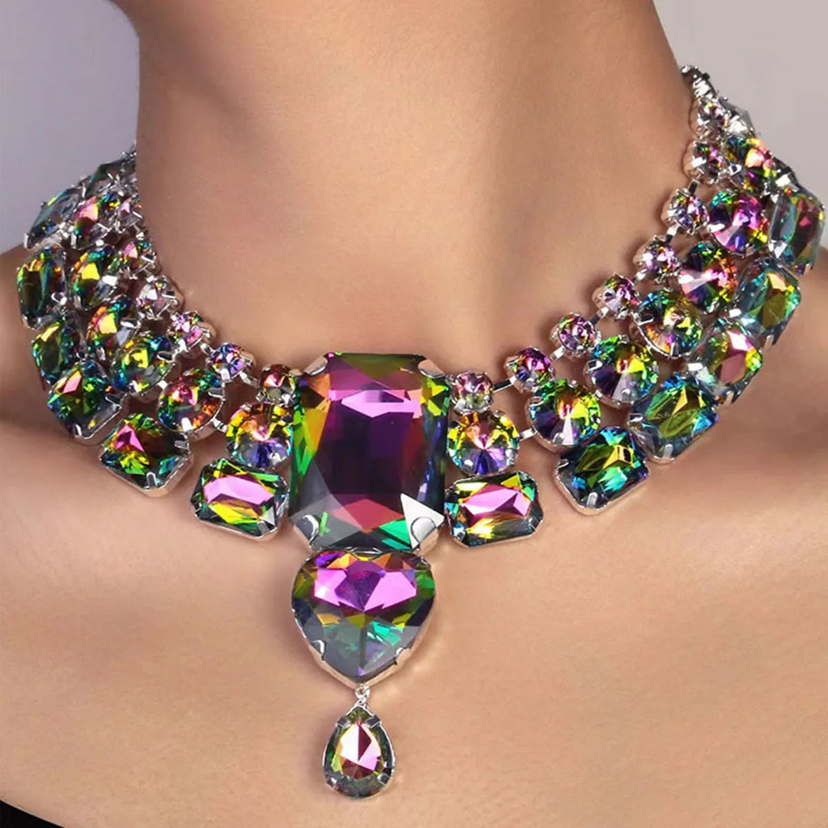 FYUAN Fashion Colorful Square Crystal Necklace Earrings For Women Party Wedding Jewelry Sets Accessories