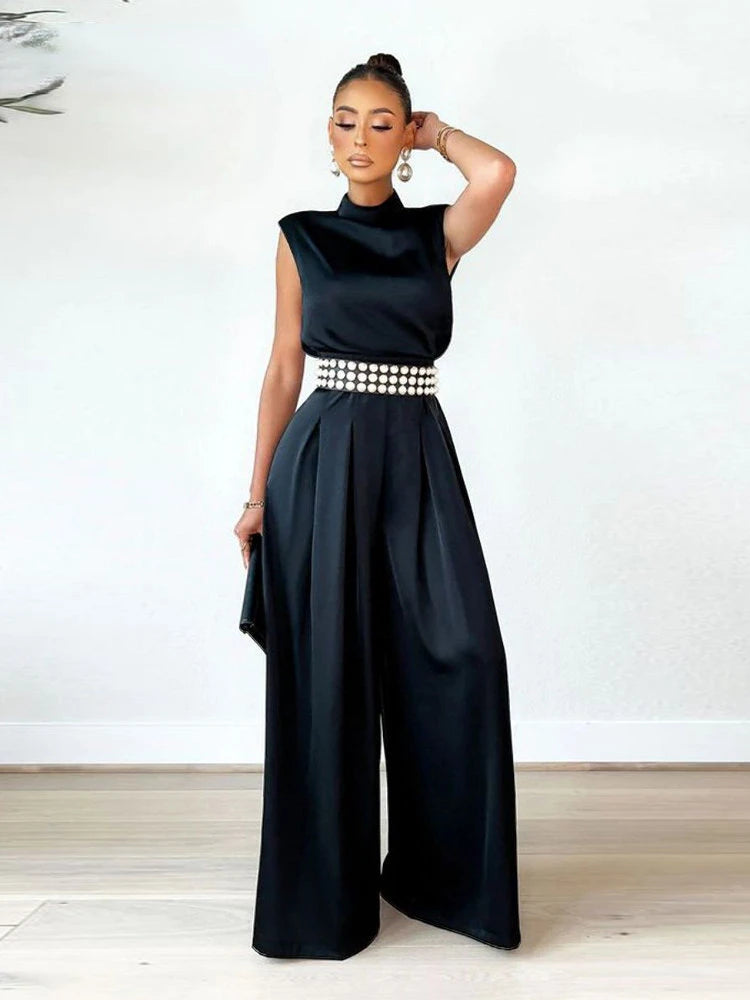 Women's Jumpsuit 2024 Spring Summer New Elegant Wide Leg Pants Bodysuit High Collar Sleeveless Jumpsuits for Women Full Length