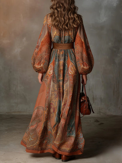 plus Size Spring Summer Elegant Print Dress Long Sleeve Umbrella Skirt Design Waist Belt Decoration Slimming Daily Wear dress