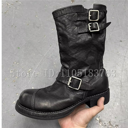 Vintage Big Toe Black Leather Motorcycle Boots Men New Fashion Buckle Strap Mid Calf Knight Boots Western Cowboy Shoes