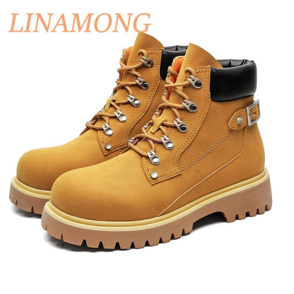 Yellow Workwear Boots Fashionable Front Strap Design Patchwork Thick Sole Buckle Decoration Anti Slip Couple's Short Boots