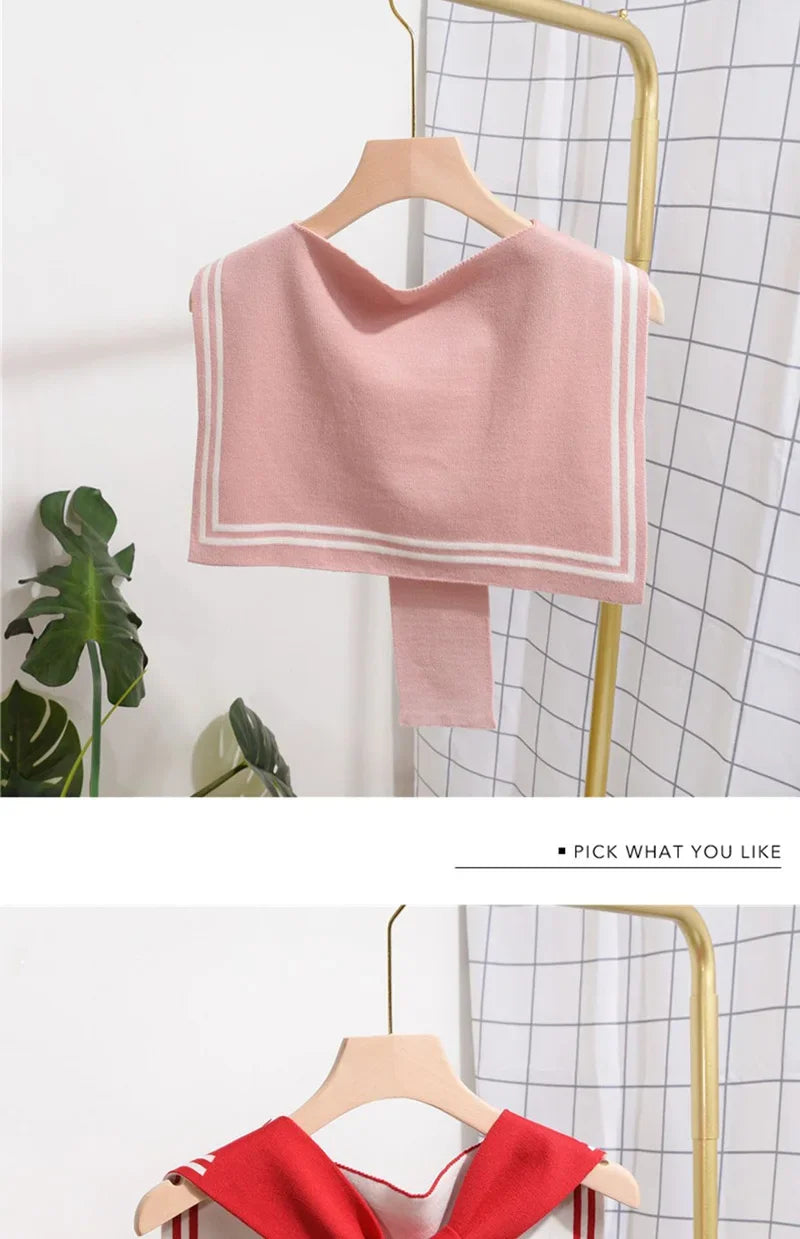 Korean College Navy Stripe Wool Knit Shoulder Cape Knotted Warm Overlapping Shawl Women Summer Neck Scarf T56