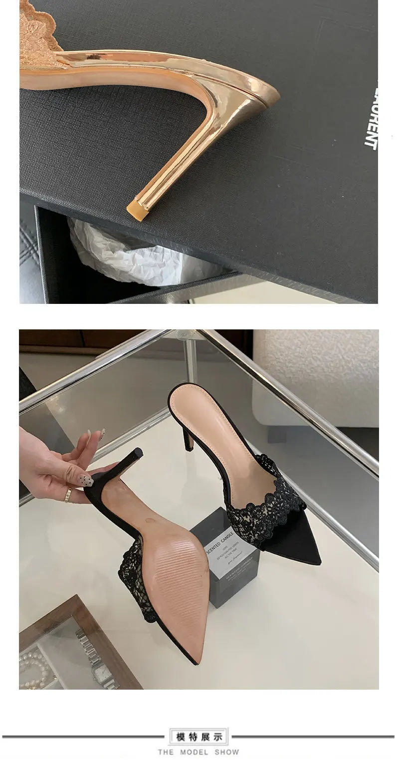 Luxury Lace Crochet Mule Slipper Woman Brand Design Point Toe High Heel Slide Sandal Ladies Elegant Evening Party Stiletto Shoes