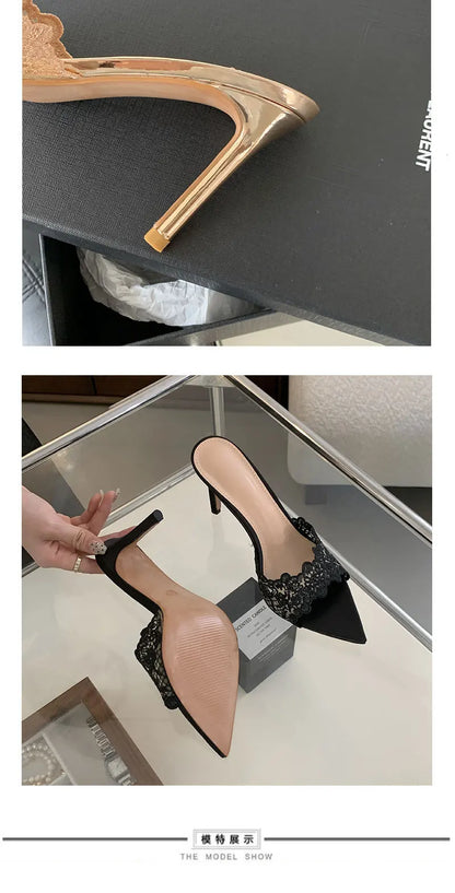 Luxury Lace Crochet Mule Slipper Woman Brand Design Point Toe High Heel Slide Sandal Ladies Elegant Evening Party Stiletto Shoes