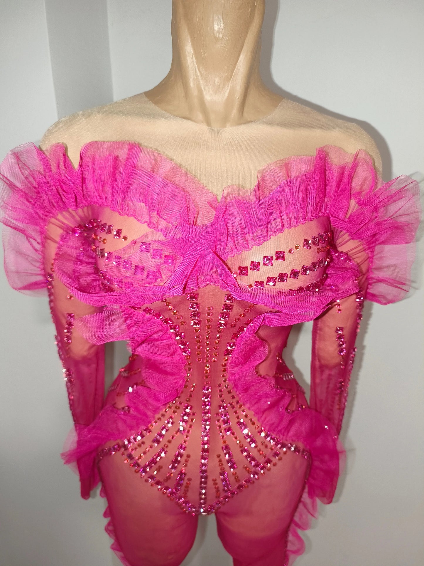 Luxury Rhinestone Mesh Bodysuit Ruffle Frill and Asymmetrical Design Formal Events Photoshoots Stage Performance Party Outfit