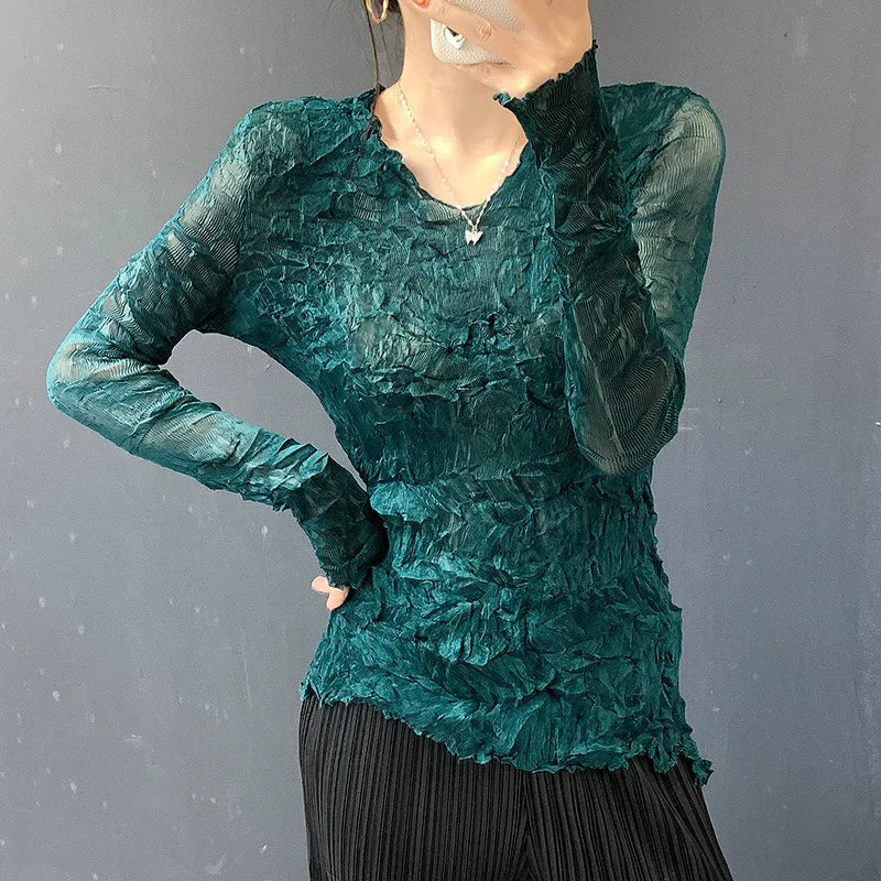 LANMREM Grey 2026 Spring Summer New Handmade Pleated Women's T-shirt Long Sleeve High Elastic Slimming Pullover Tops 2DB6772