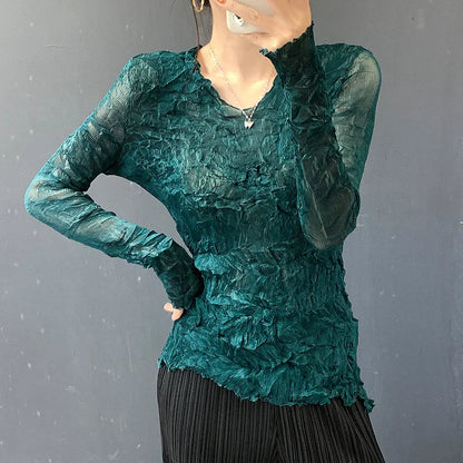 LANMREM Grey 2026 Spring Summer New Handmade Pleated Women's T-shirt Long Sleeve High Elastic Slimming Pullover Tops 2DB6772