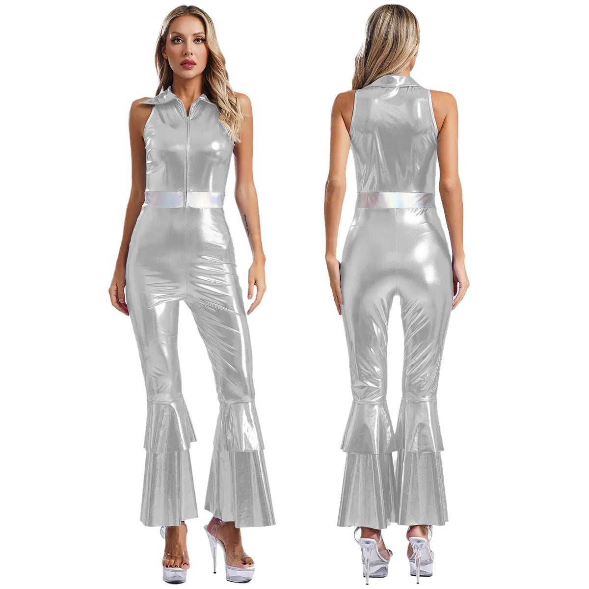 Womens Vintage 70s 80s Disco Dance Jumpsuit Sequin Tassels One Shoulder Hippie Bell Bottom Bodysuit Metallic Shiny Jazz Rompers