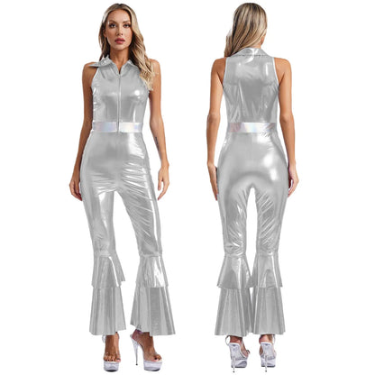 Women Vintage One Piece 70s Disco Dance Rompers Sleeveless Metallic Bell Bottom Flared Pants Jumpsuit for Retro Party Jazz Dance