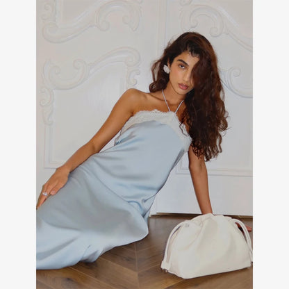 Sexy Blue Satin Lace Slip Mini Dress Women Spaghetti Strap V Neck Hollow Out Bodycon Dresses Lady Summer Beach Short Gown 2026