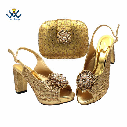 New Design Peep Toe African Spring Autumn Lady Shoes and Bag Set in Gold Color Women Sandal in Wedding