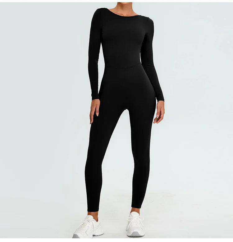 New Summer Sexy V Back Gym Sports Jumpsuit Yoga Clothes Rompers Women Long Sleeveles Workout Bodysuits Backless One-piece Suit