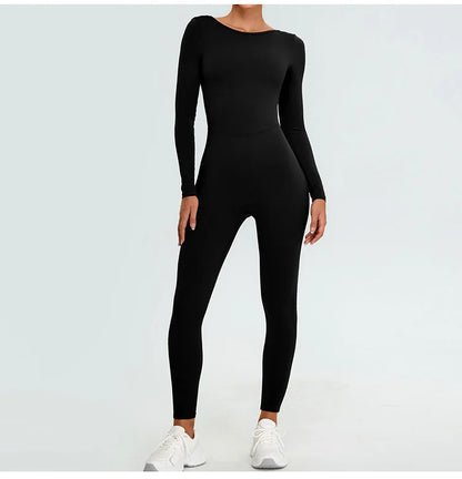 New Summer Sexy V Back Gym Sports Jumpsuit Yoga Clothes Rompers Women Long Sleeveles Workout Bodysuits Backless One-piece Suit