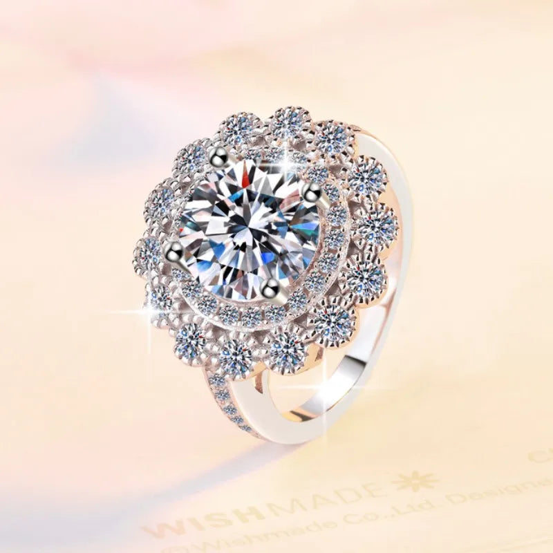 Women's Exaggerated Floral Head 3CT Moissanite Ring PT950 Platinum Band for Stylish Sparkling Party Engagement