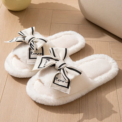 Love Fluffy Women's Slippers House Bow Luxury Designer Woman Shoes Flats Fuzzy Fur Slides Home Spring Autumn Elegant Soft Sole