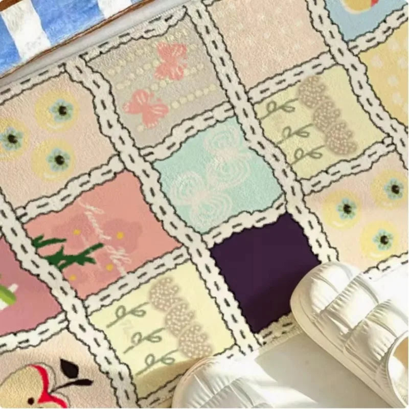 VIKAMA Cute Girly Shag Rugs - Cartoon Patchwork Checkered Carpet for Live Room Decor,Ultra Soft Plush Area Rug for Girl Bedroom