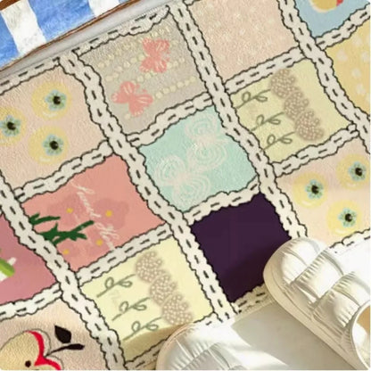 VIKAMA Cute Girly Shag Rugs - Cartoon Patchwork Checkered Carpet for Live Room Decor,Ultra Soft Plush Area Rug for Girl Bedroom