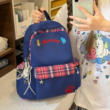 Preppy Style Blue Backpack for Girls, Plaid Spliced School Bag, Cute Nylon Daypack Star Pendant, Large Capacity Student Rucksack