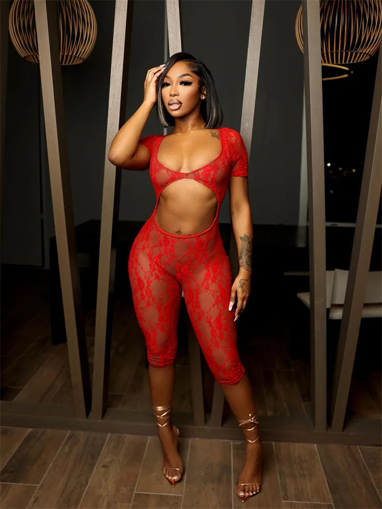 Wholesale Clothing Casual Jumpsuit Women 2024 One-pieces Rompers Womens Summer Black Bodycon Lace See Though Romper Playsuits