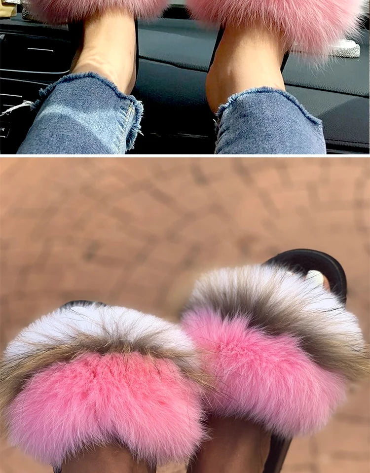 Natural Fox Fur Slippers, Fashionable Outdoor Multi-Color Animal Hair Slippers, Women's Gifts, Soft EVA Sole Slippers, On Trend