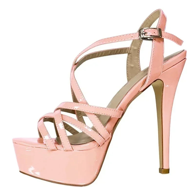 Women Sandals Catwalk Shows 14CM Open Toe Platform High Heels Snake Pattern Stilettos Sexy Ankle Strap Gladiator Party Shoes